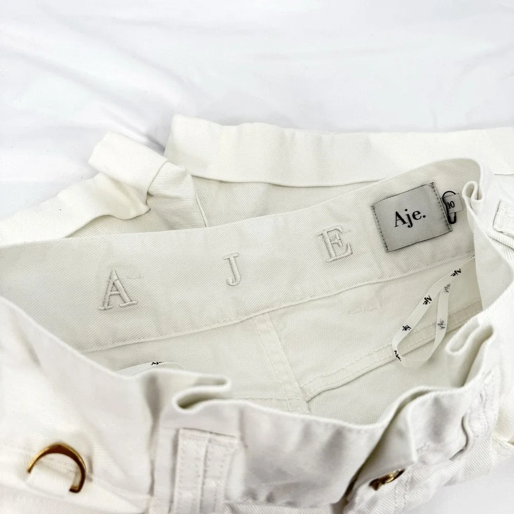 Aje AU10 US6 White Cotton Denim Pleated High Waisted Paperbag Shorts - Picture 4 of 7